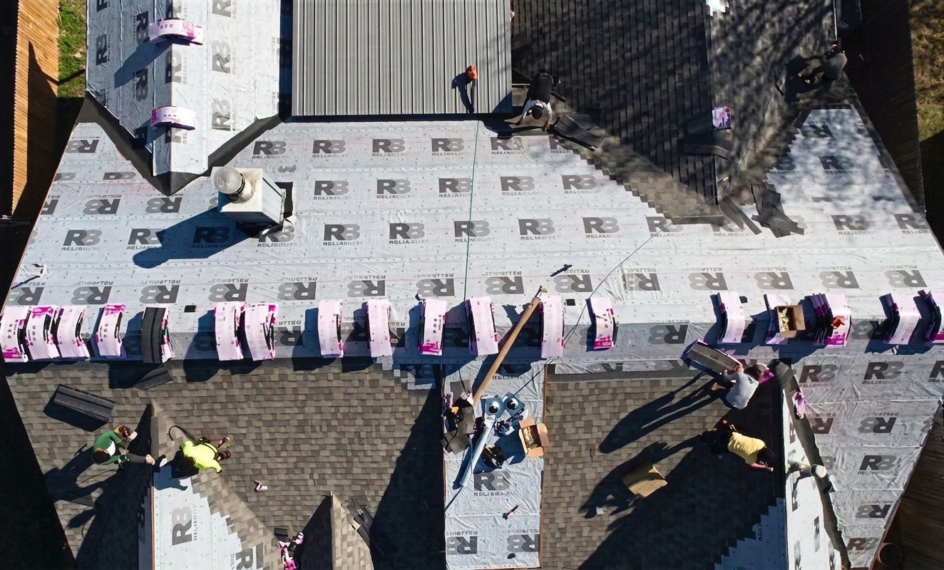 Midwest RoofPros crew installing a new roof — aerial drone shot